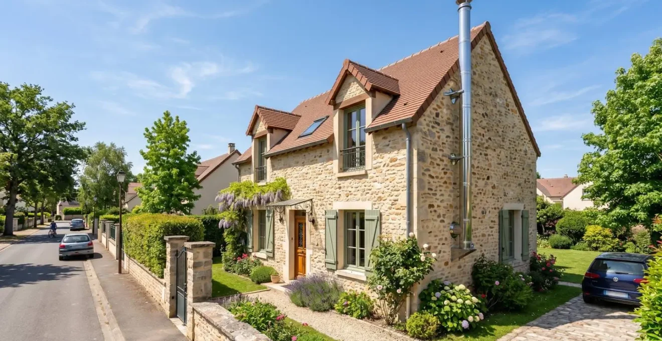 Vue extérieure d'une maison individuelle avec un conduit de fumée isolé neuf fixé en façade, journée ensoleillée
