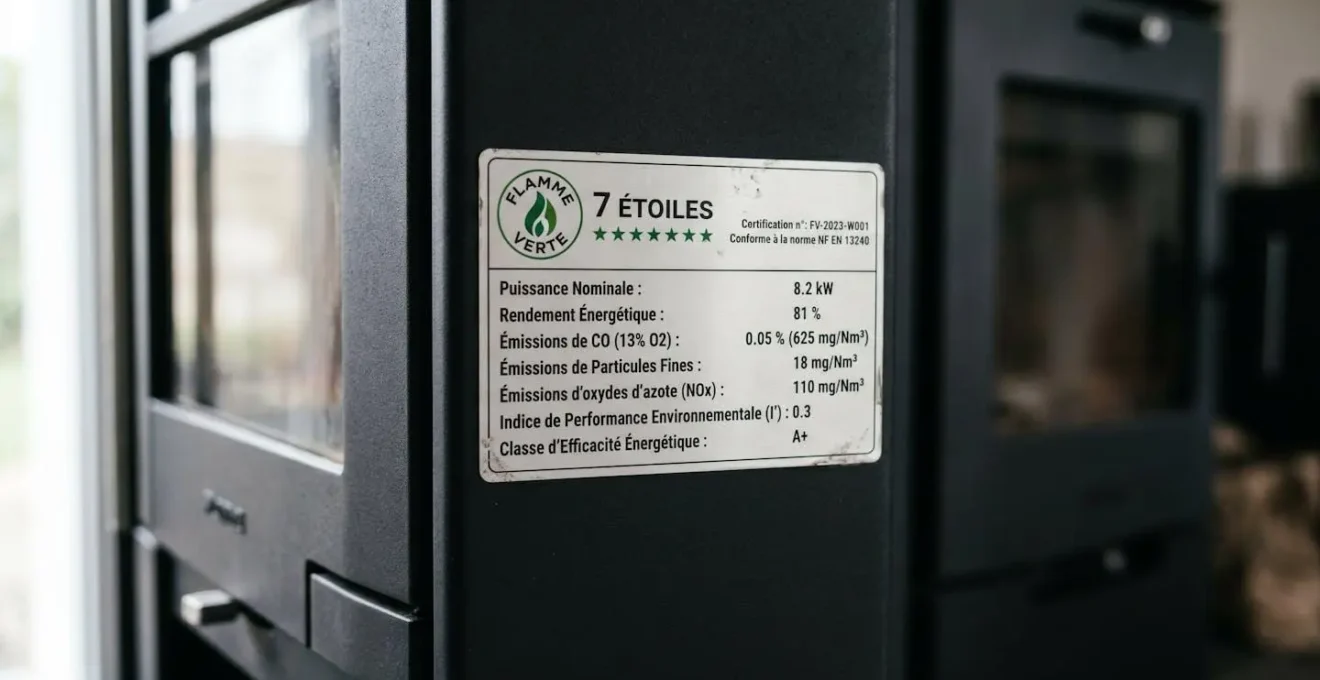 Plaque signalétique d'un poêle à bois certifié Flamme Verte 7 étoiles affichant les données de rendement et émissions en français