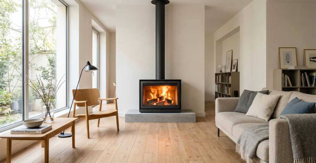 Poêle à bois moderne au design épuré intégré dans un salon contemporain avec parquet clair, lumière naturelle et flammes visibles à travers la vitre