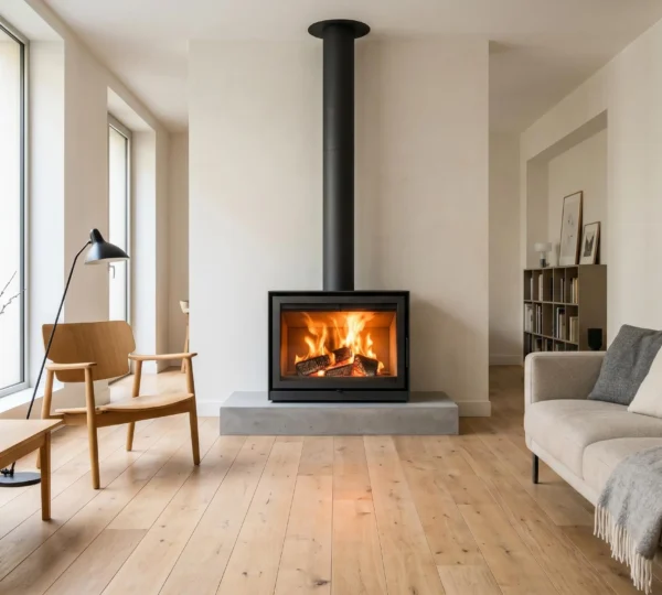 Poêle à bois moderne au design épuré intégré dans un salon contemporain avec parquet clair, lumière naturelle et flammes visibles à travers la vitre