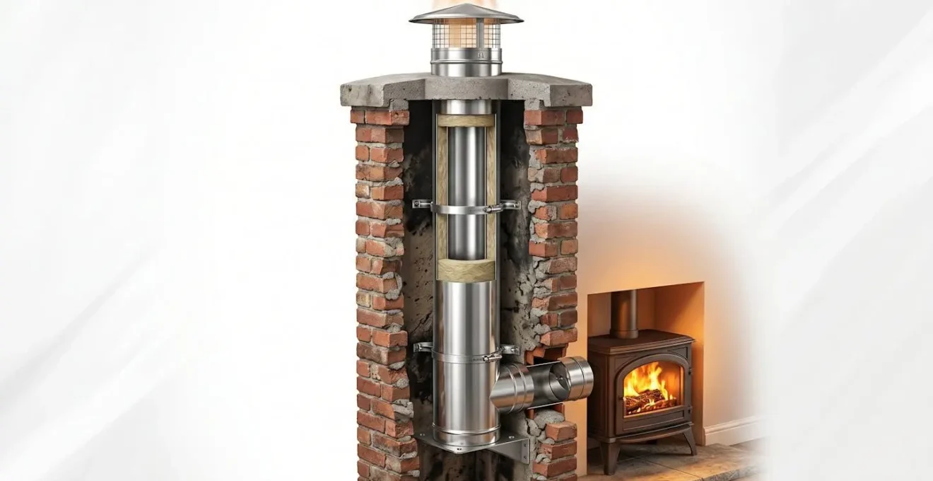 Schéma en coupe d'un tubage en acier inoxydable double peau inséré dans un conduit maçonné pour poêle à bois