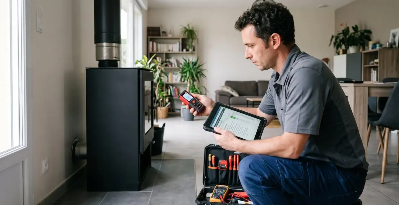 Technicien certifié RGE effectuant un diagnostic d'installation de poêle à bois avec outils de mesure professionnels dans un intérieur contemporain
